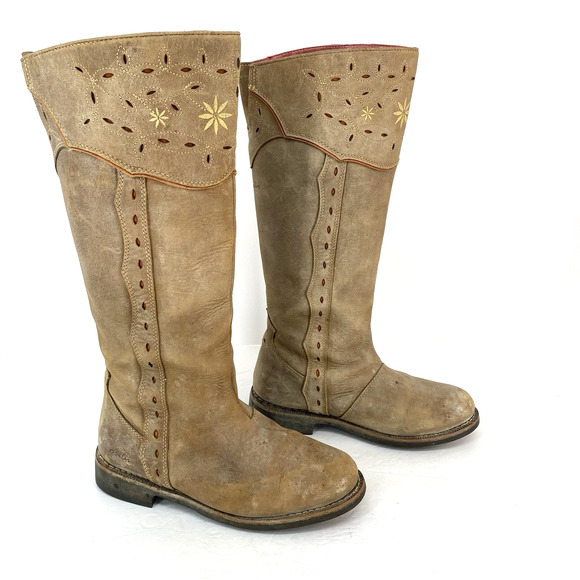 Joules Leather Riding Boots Embroidered Distressed Tan Women's Size US 8 UK 6 - Picture 2 of 10